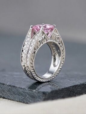Vintage Y2K Pink Swarovski Princess Cut Cocktail Ring - 18k White Gold Overlay